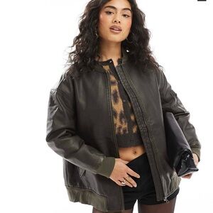 Wednesday’s Girl longline faux leather bomber jacket in washed brown 90s style